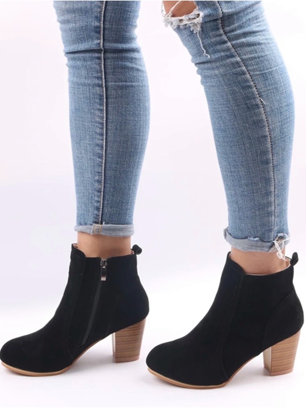SHEIN Black Suede Rounded Toe Block Heel Ankle Boots